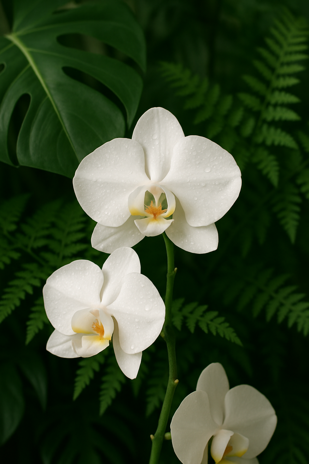 A close-up of a blooming white orchid with dew-kissed petals resting against a backdrop of lush indoor foliage, including monstera leaves and ferns.